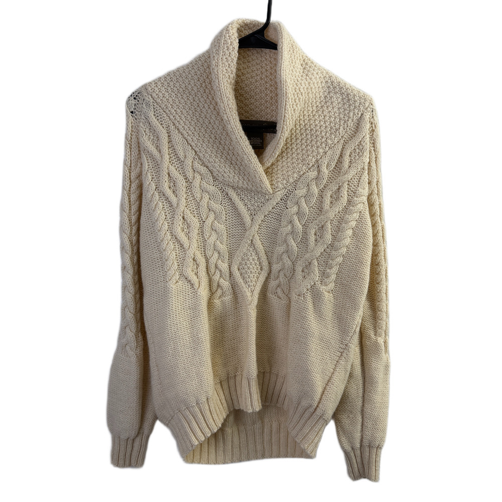 Inis Crafts Wool Shawl Neck Sweater Womens L Cream Cable Knit Fisherman *Hole